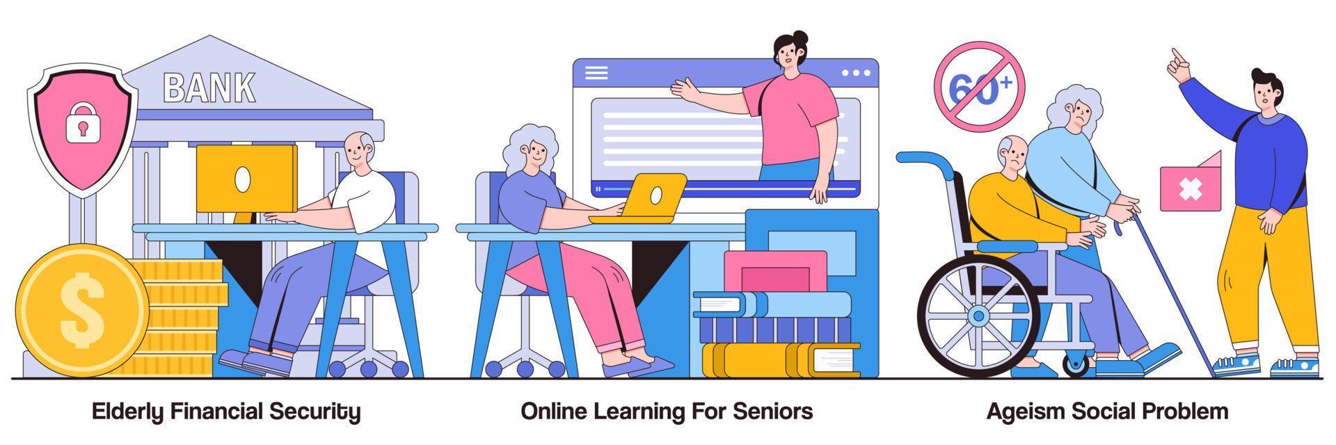 seguridad financiera para personas mayores, aprendizaje en línea para personas mayores y paquete ilustrado de problemas sociales de edad vector