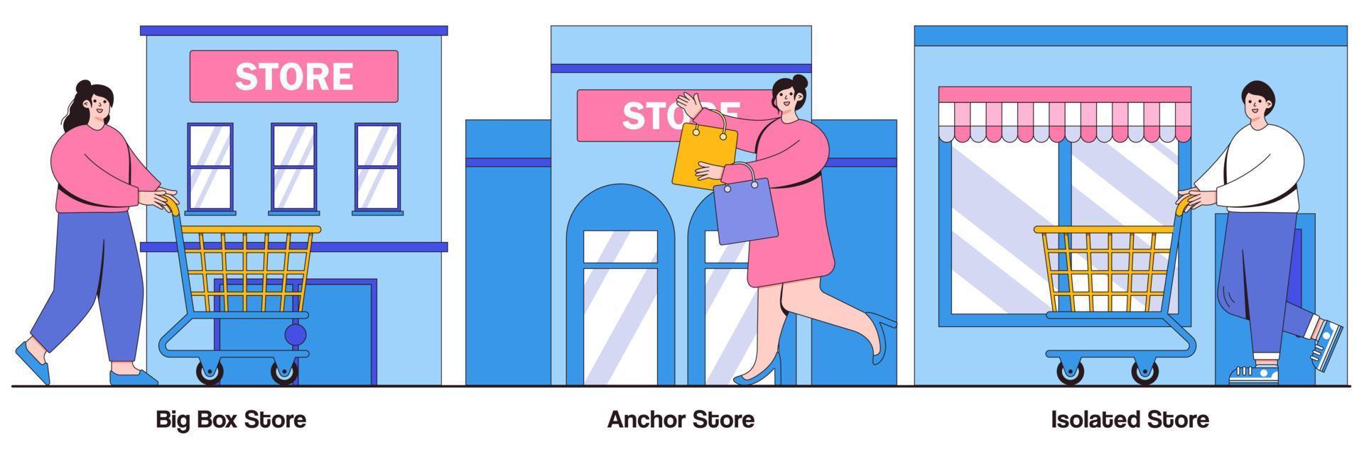 Big Box, Anchor, and Isolated Store with People Characters Illustrations Pack vector