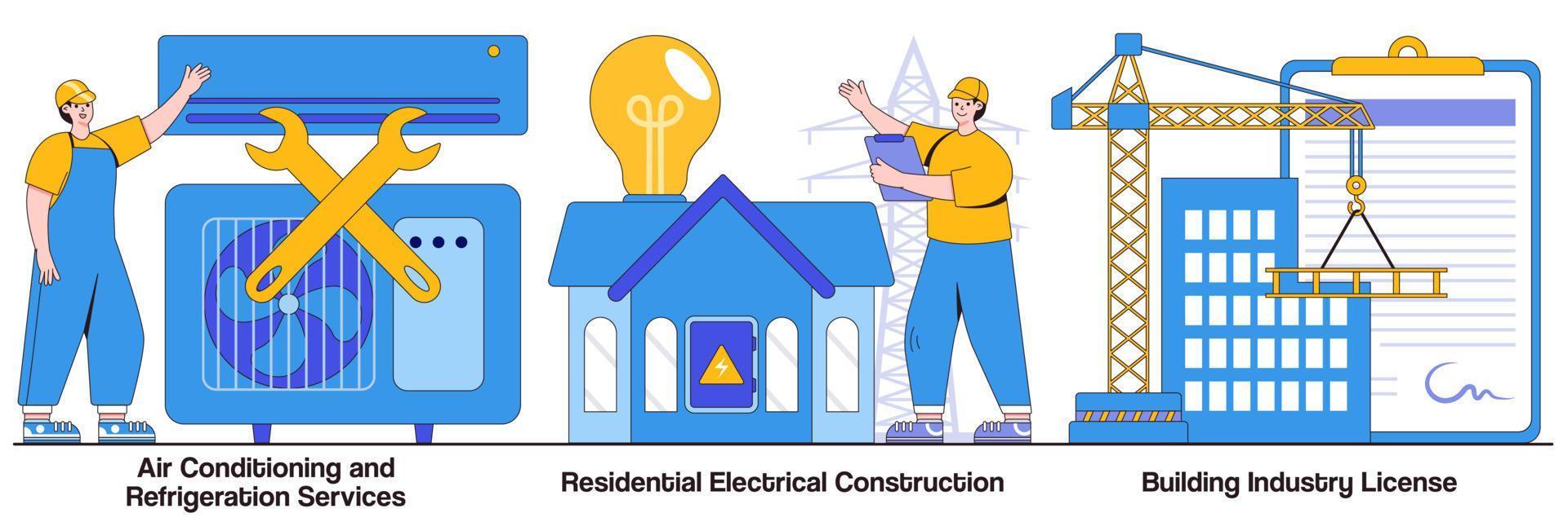 servicios de aire acondicionado y refrigeración, construcción eléctrica residencial, paquete ilustrado de licencia de la industria de la construcción vector