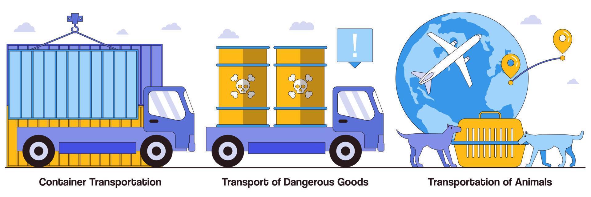 Container Transportation, Transport of Dangerous Goods, Transportation of Animals with People Characters Illustrations Pack vector