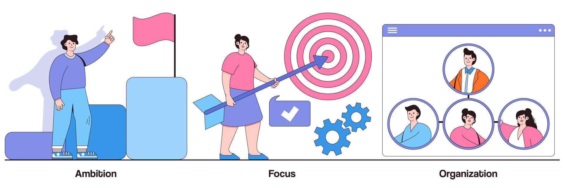 Ambition, focus, organization concept with people character. Business determination and development abstract vector illustration set. Self improvement, marketing target, corporate management metaphor