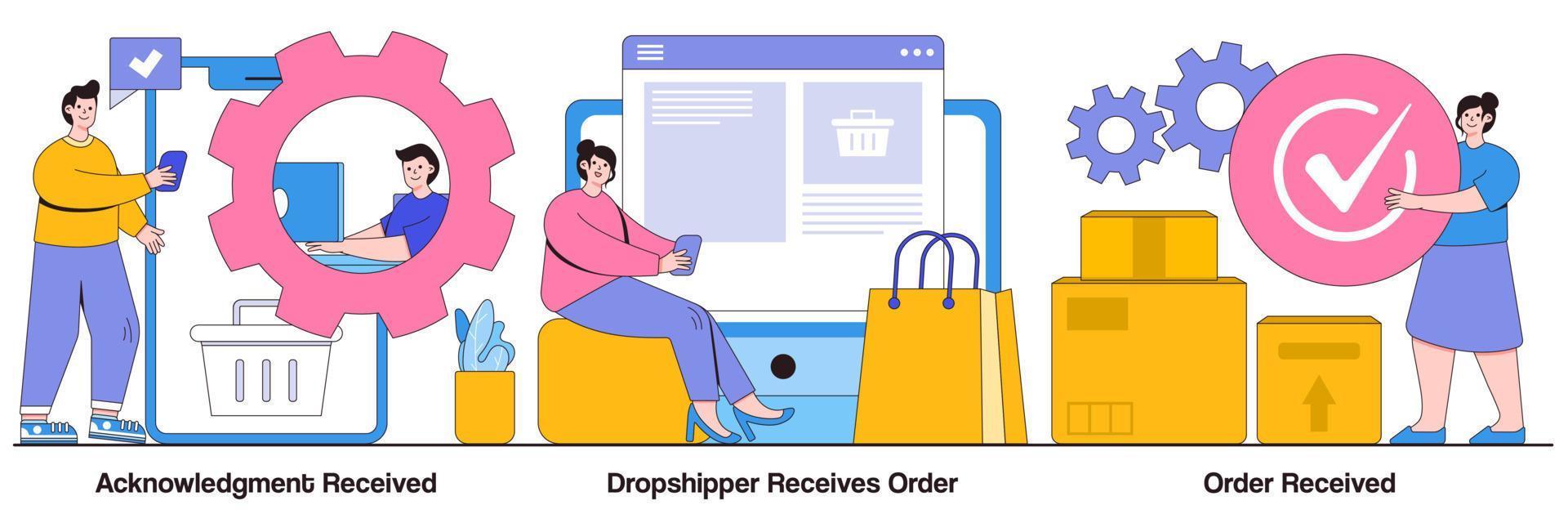 Acknowledgment received, drop shipper receives order, order received concept with people character. Customer support, express delivery service, transportation business vector illustration set