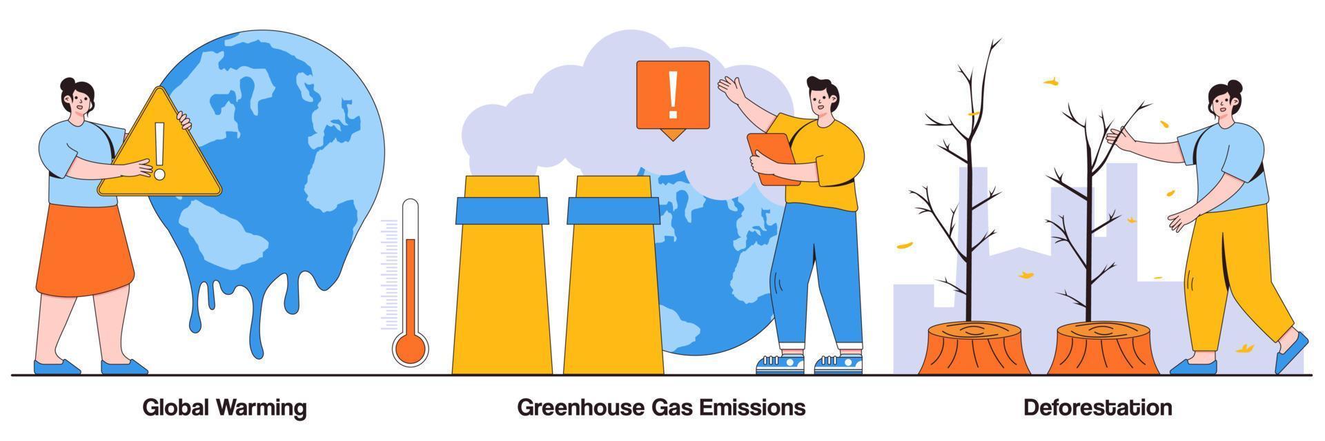 calentamiento global, emisiones de gases de efecto invernadero, concepto de deforestación con gente diminuta. conjunto de ilustraciones vectoriales abstractas de cambio climático. calentamiento global, contaminación del aire, smog, metáfora de degradación de la vida silvestre vector