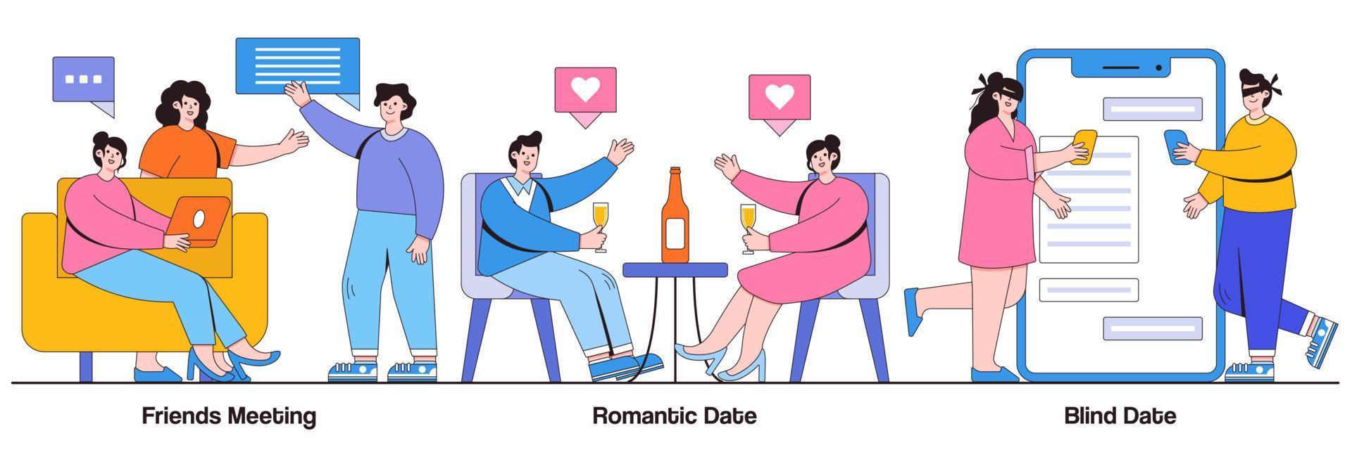 Friends meeting, romantic and blind date concept with tiny people. Hangouts vector illustration set. Leisure time, soul mate, romantic relationship, love story, Valentine day, restaurant metaphor