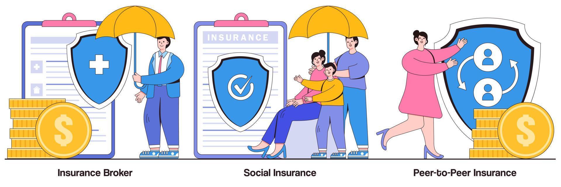 Insurance broker, social insurance, peer-to-peer insurance concept with tiny people. Risk insurance vector illustration set. Emergency risk, unemployment and income loss, pension trust fund metaphor