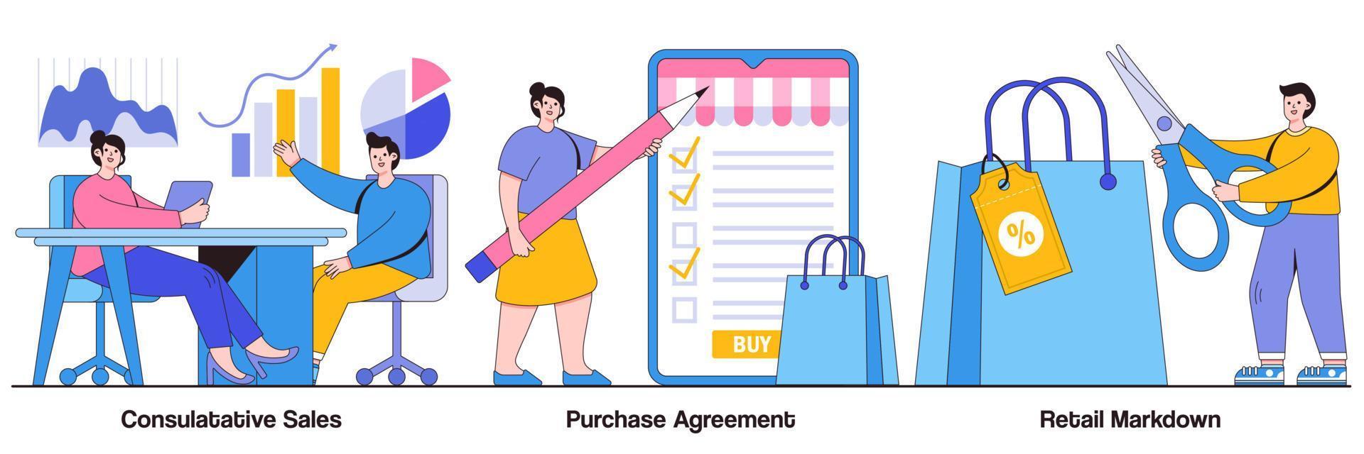 Consultative sales, purchase agreement, retail markdown concept with tiny people. Marketing and promotion vector illustration set. Terms and conditions, product price, b2b selling, discount metaphor