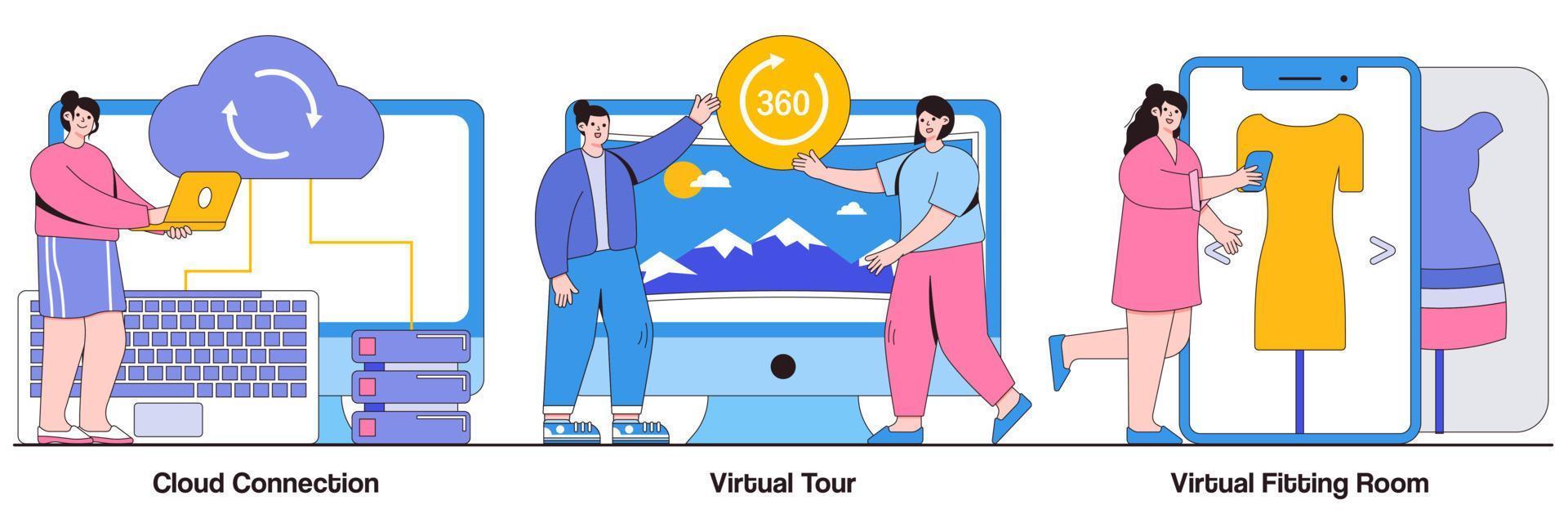 conexión a la nube, recorrido virtual, concepto de sala de montaje virtual con carácter de personas. transferencia de datos en línea y conjunto de ilustración de vector de experiencia virtual. conexión a internet, metáfora de la gira web 3d