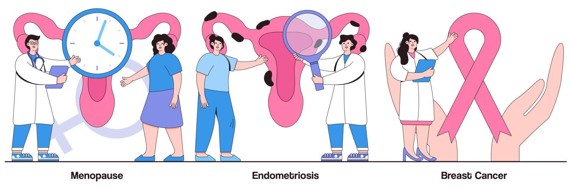 paquete ilustrado de menopausia, endometriosis y cáncer de mama vector