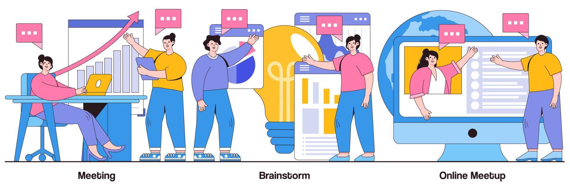 Meeting, Brainstorm, and Online Meetup with People Characters Illustrations Pack vector