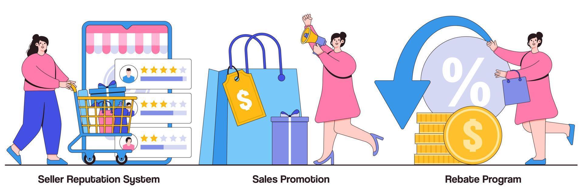 Seller reputation system, sales promotion, rebate program concept with people character. E commerce abstract vector illustration set. Online store discounts, internet shopping metaphor