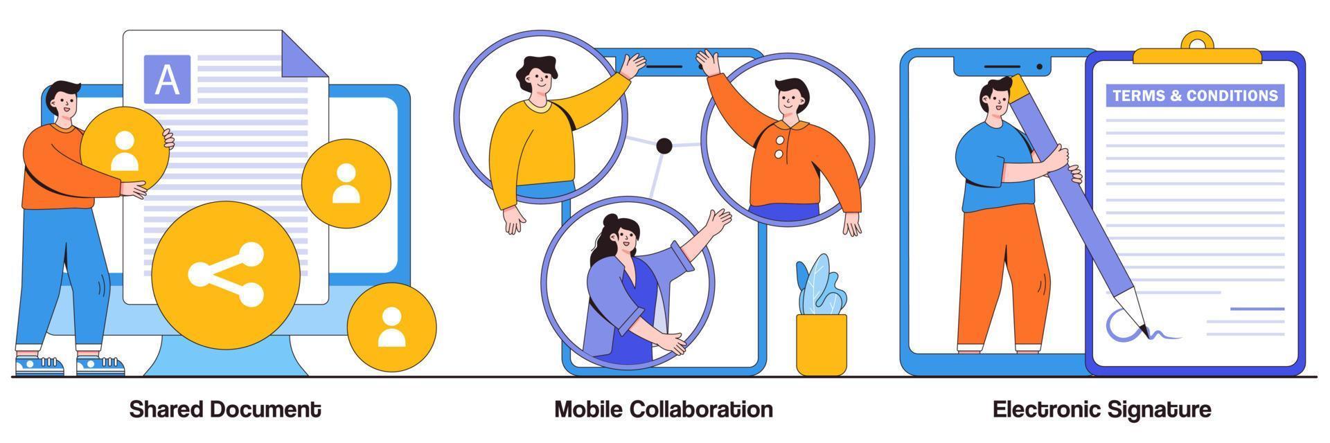 Shared document, mobile collaboration, electronic signature concept with people character. Digital documentation vector illustration set. Remote colleagues connection, contract signing metaphor