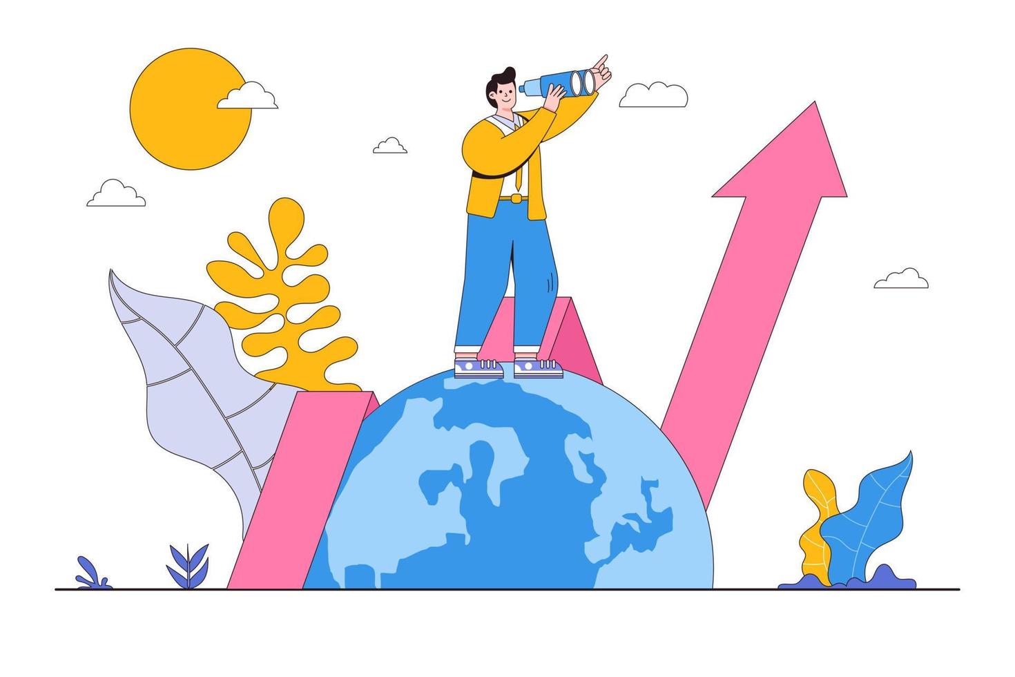 World economic vision or worldwide business, work or investment possibility concepts with people characters. Smart businessman standing on earth with binoculars looking for future opportunities vector