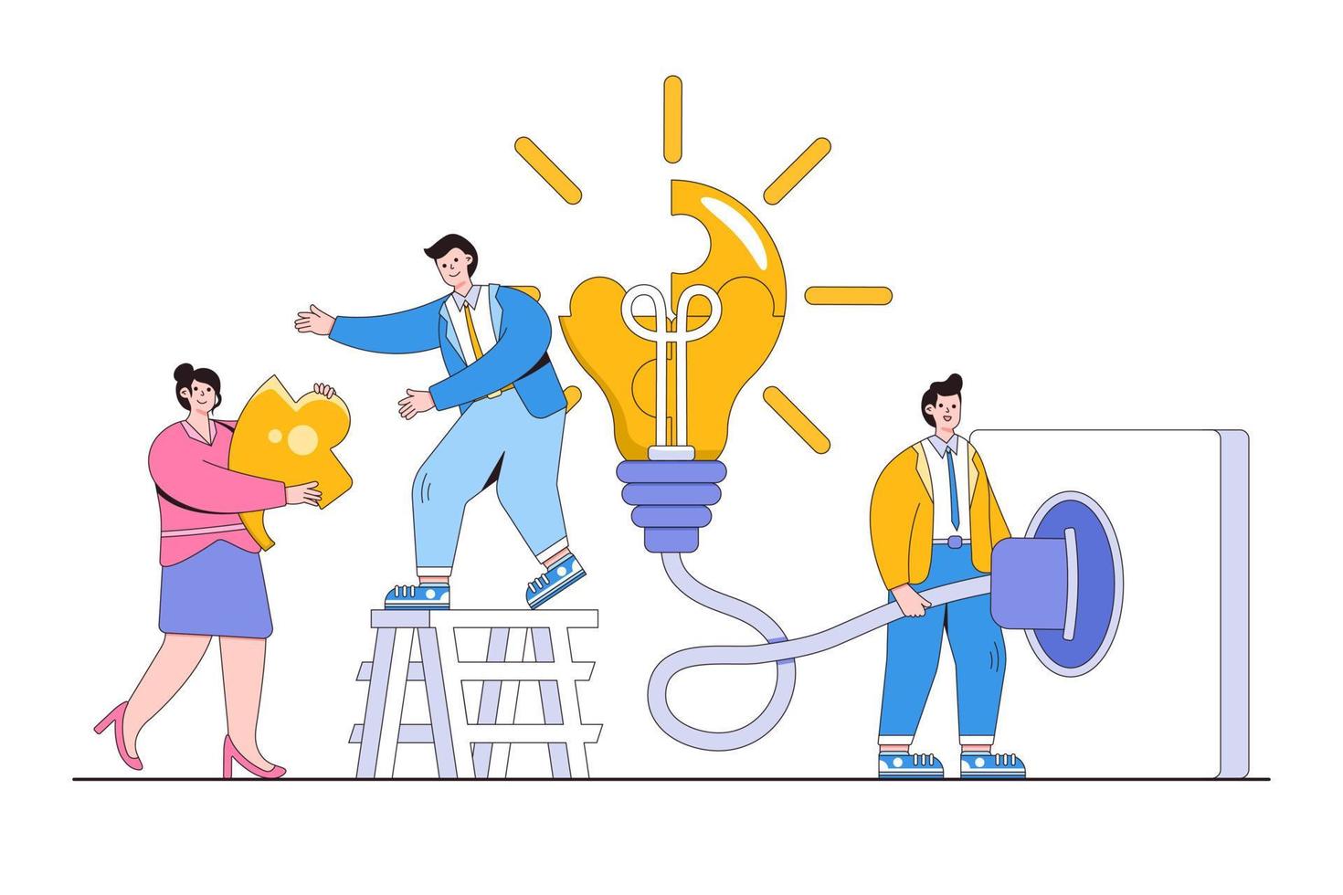 Teamwork, cooperation, or collaboration to win business success, partnership between coworkers or colleagues concepts. Businesspeople team supports each other to solve lightbulb puzzle and plug it in vector