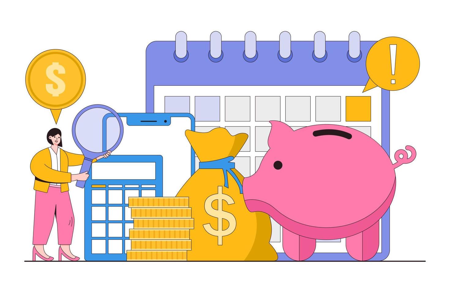 Monthly budget planning, cost to pay bill or debt, savings strategy, credit card payment concepts. Woman manage her money and expense with calculator, calendar, smartphone, magnifier, and piggy bank vector