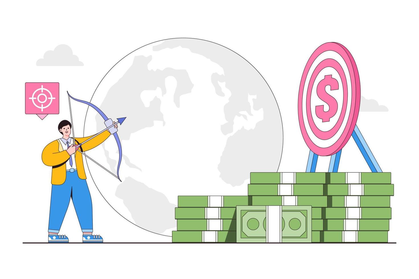 Financial target goal, wealth management and investment plan, strategy achievement, aiming income or pay increase concept. Businessman shooting with bow and arrow focus to bullseye with dollar symbol vector