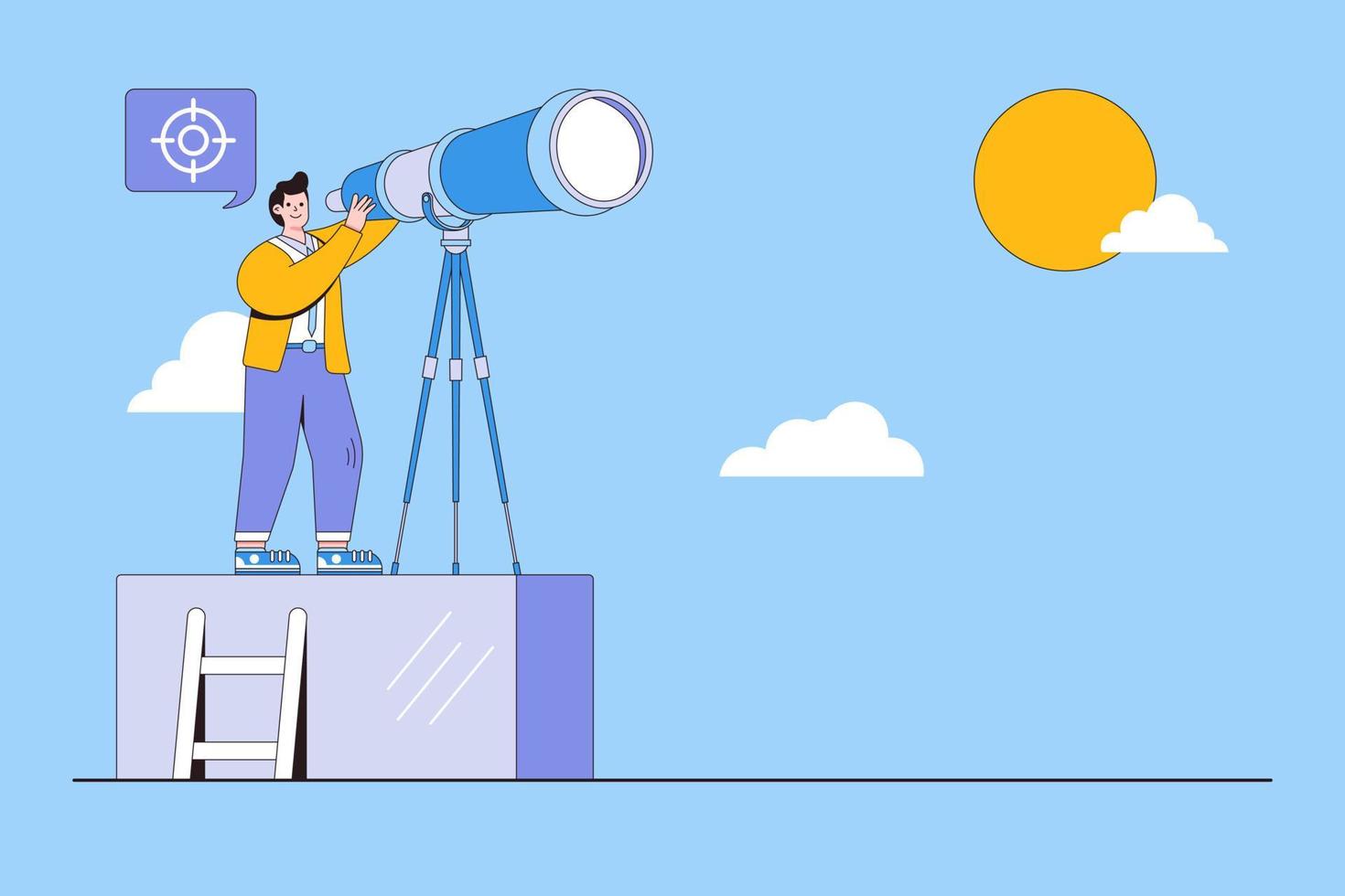 Strategy of long term goals planning, discover business opportunity for far future, forecast and visionary concepts. Businessman executive standing on high platform looking through a telescope vector