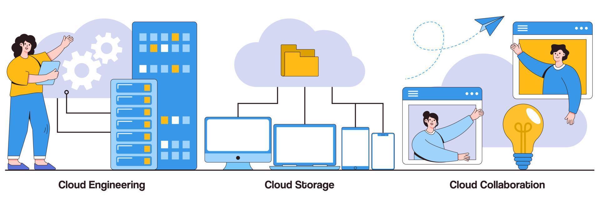 concepto de ingeniería, almacenamiento y colaboración en la nube con carácter de personas. conjunto de ilustraciones vectoriales de computación basada en la nube. almacenamiento de datos alojados, seguridad de bases de datos, metáfora de soluciones empresariales remotas vector