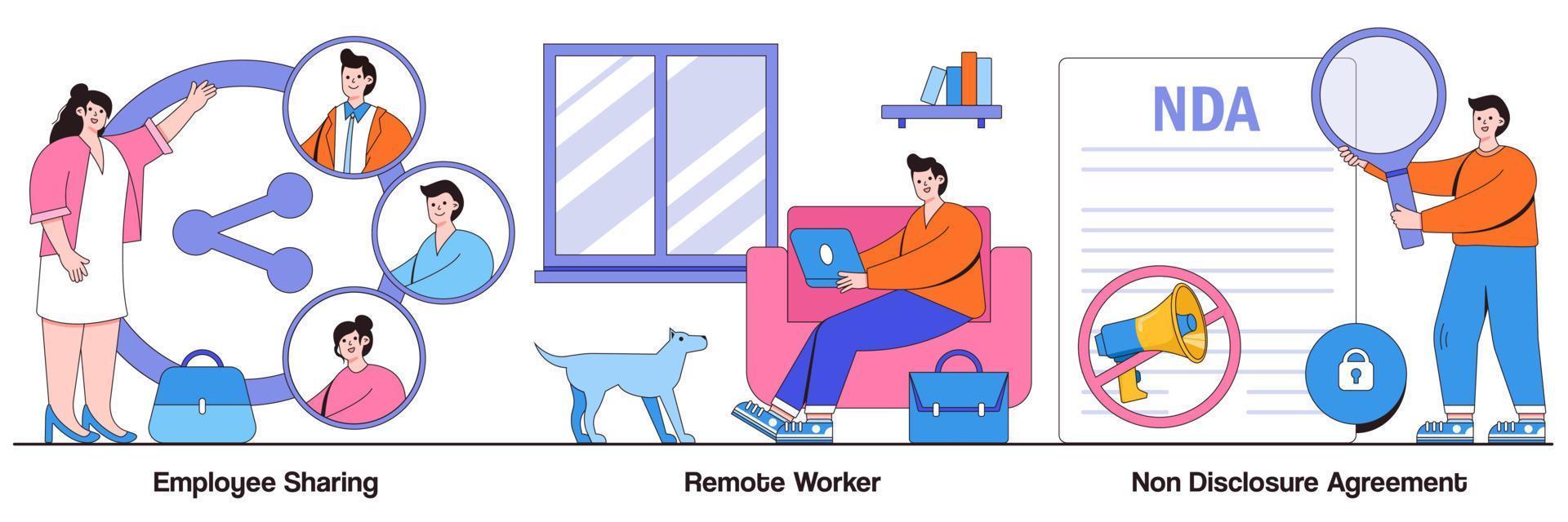 Employee sharing, remote worker, nondisclosure agreement concept with tiny people. Employment options vector illustration set. Sign contract, freelance worker, confidential information metaphor