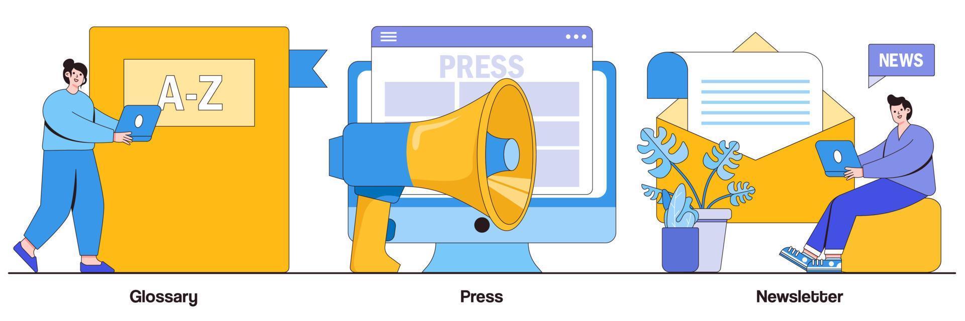 Glossary, press, newsletter concept with tiny people. Mass media, online daily news magazine subscription abstract vector illustration set. Internet chatting and emails sharing web banners metaphor