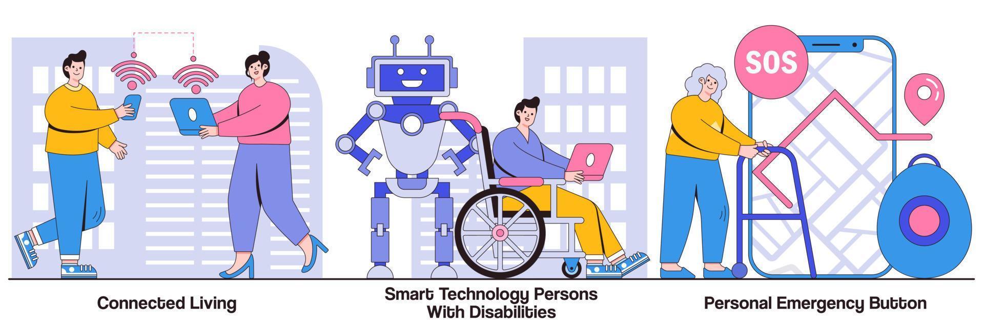 Connected Living, Smart Technology for Persons with Disabilities, and Personal Emergency Button Illustrated Pack vector