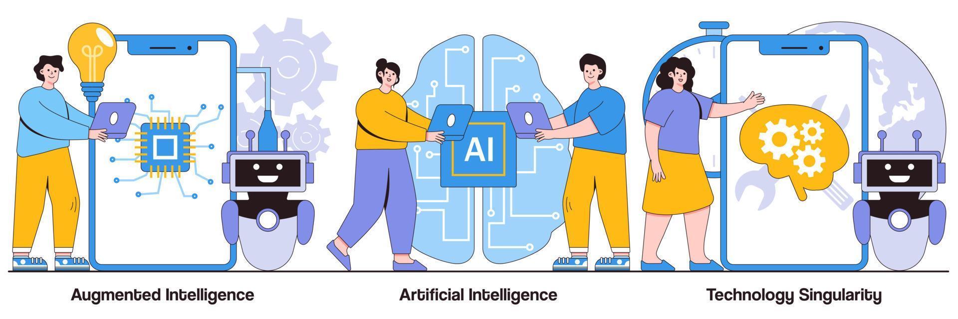 paquete ilustrado de inteligencia aumentada, robótica cognitiva artificial y singularidad tecnológica vector