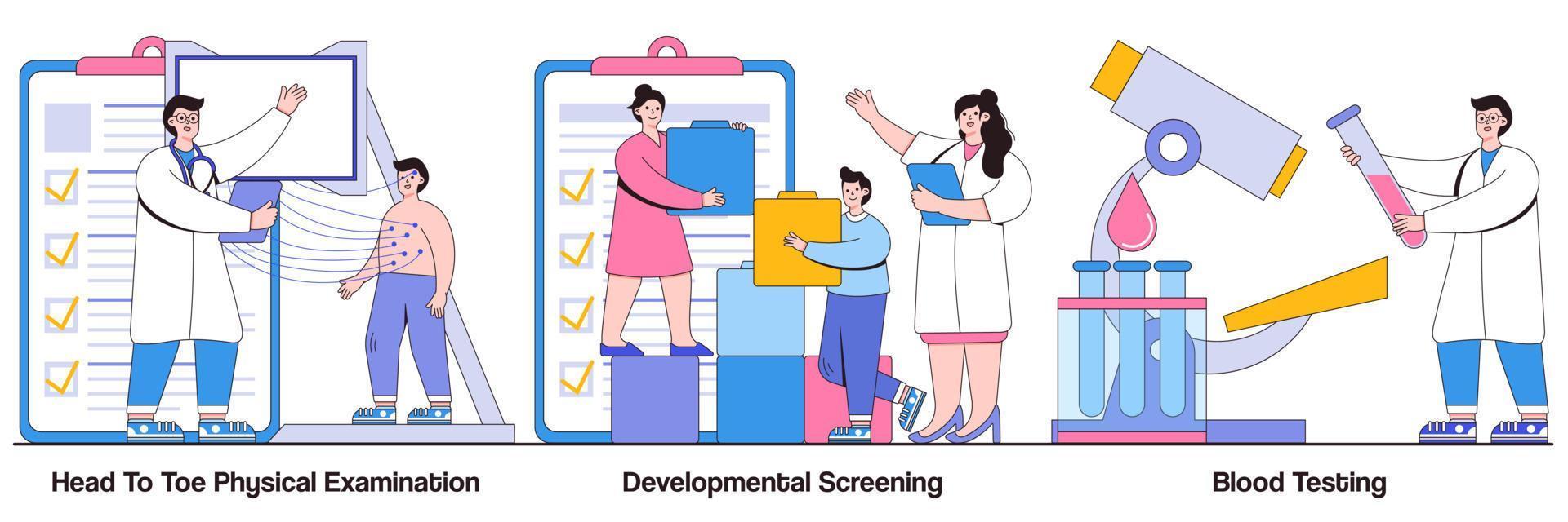 paquete ilustrado de examen físico de pies a cabeza, evaluación del desarrollo y análisis de sangre vector