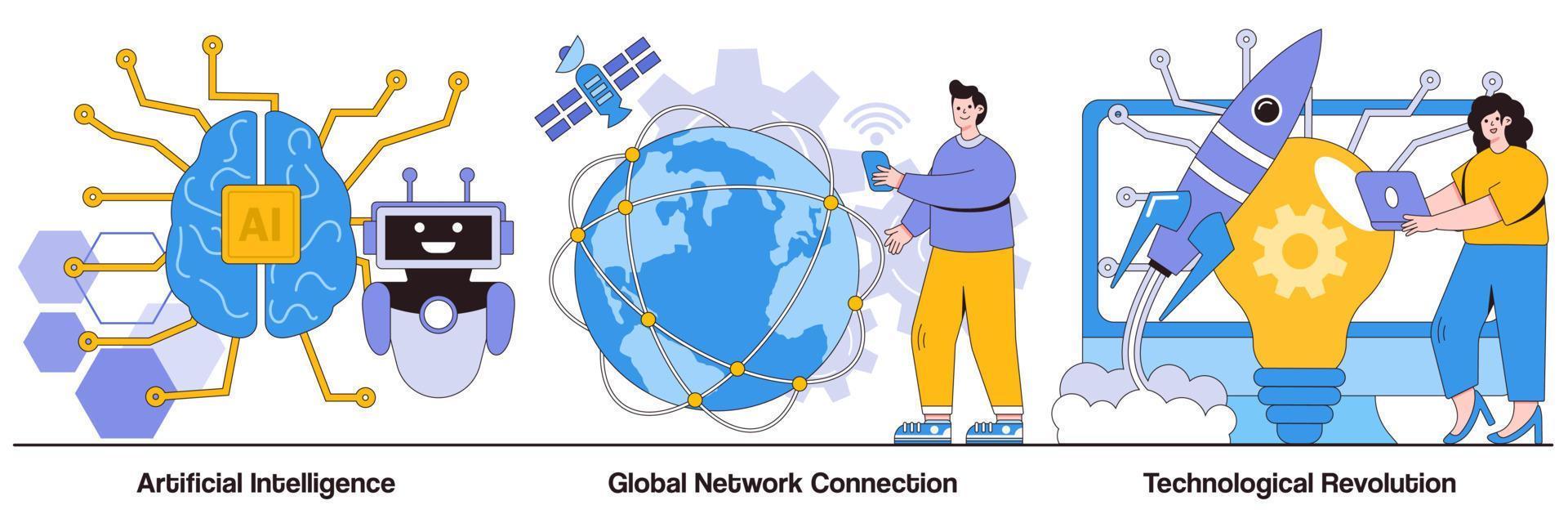 paquete ilustrado de inteligencia artificial, conexión de red global y revolución tecnológica vector