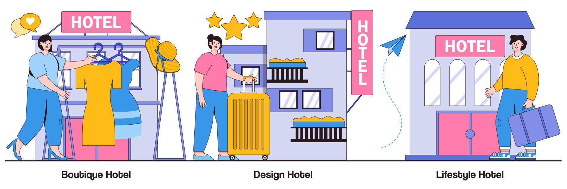 paquete ilustrado de hotel boutique, diseño y estilo de vida vector