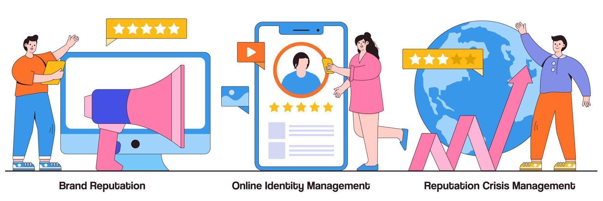 reputación de marca, gestión de identidad en línea, concepto de gestión de crisis de reputación con personas diminutas. conjunto de ilustración de vector de relaciones públicas de negocios. presencia del producto, metáfora de la red social