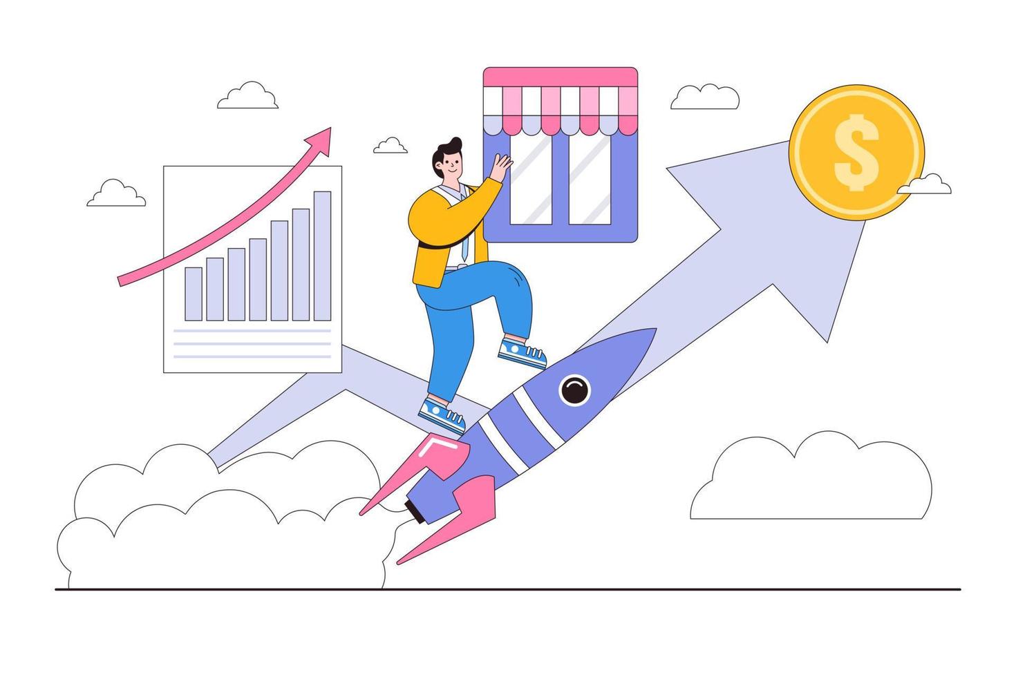 Grow storefront or build small business by using marketing to promote shop, increase and earn more profit concepts illustrations. Businessman flying on rocket with holding store and go to target vector