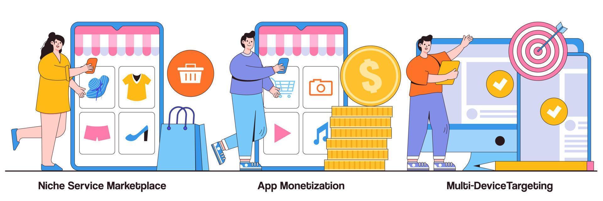 Niche service marketplace, app monetization, multi-device targeting concept with tiny people. Online retail vector illustration set. Buy and sell products, startup launch, mobile user metaphor