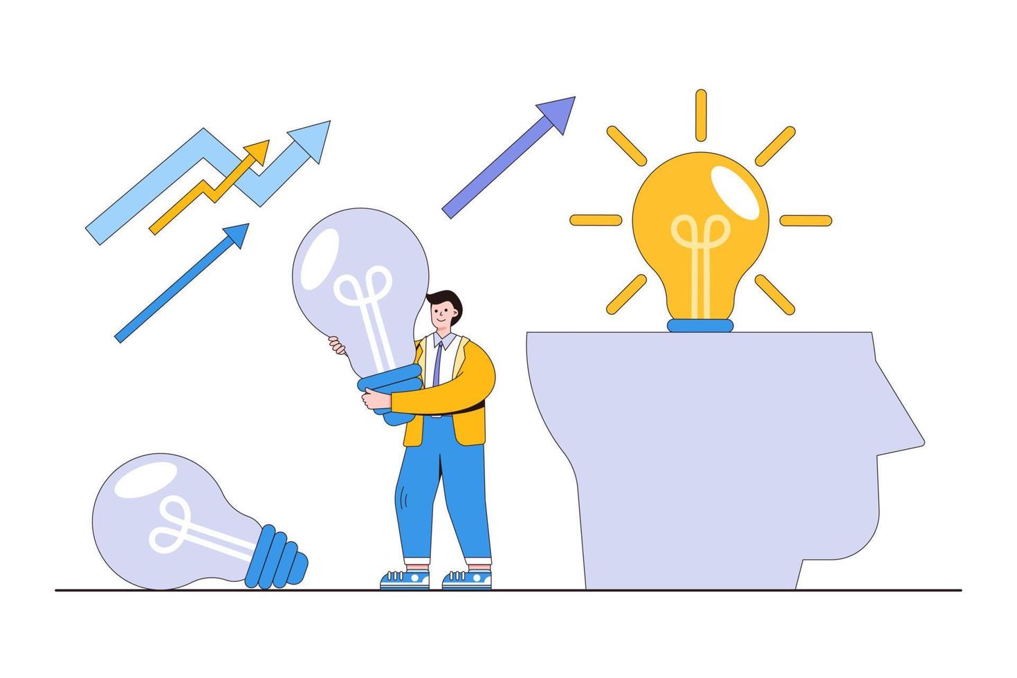 Improvement and adaptability to a new normal, business transformation, change management, or transitioning to better innovative organization concepts. Businessman turns from old to new lightbulb idea vector