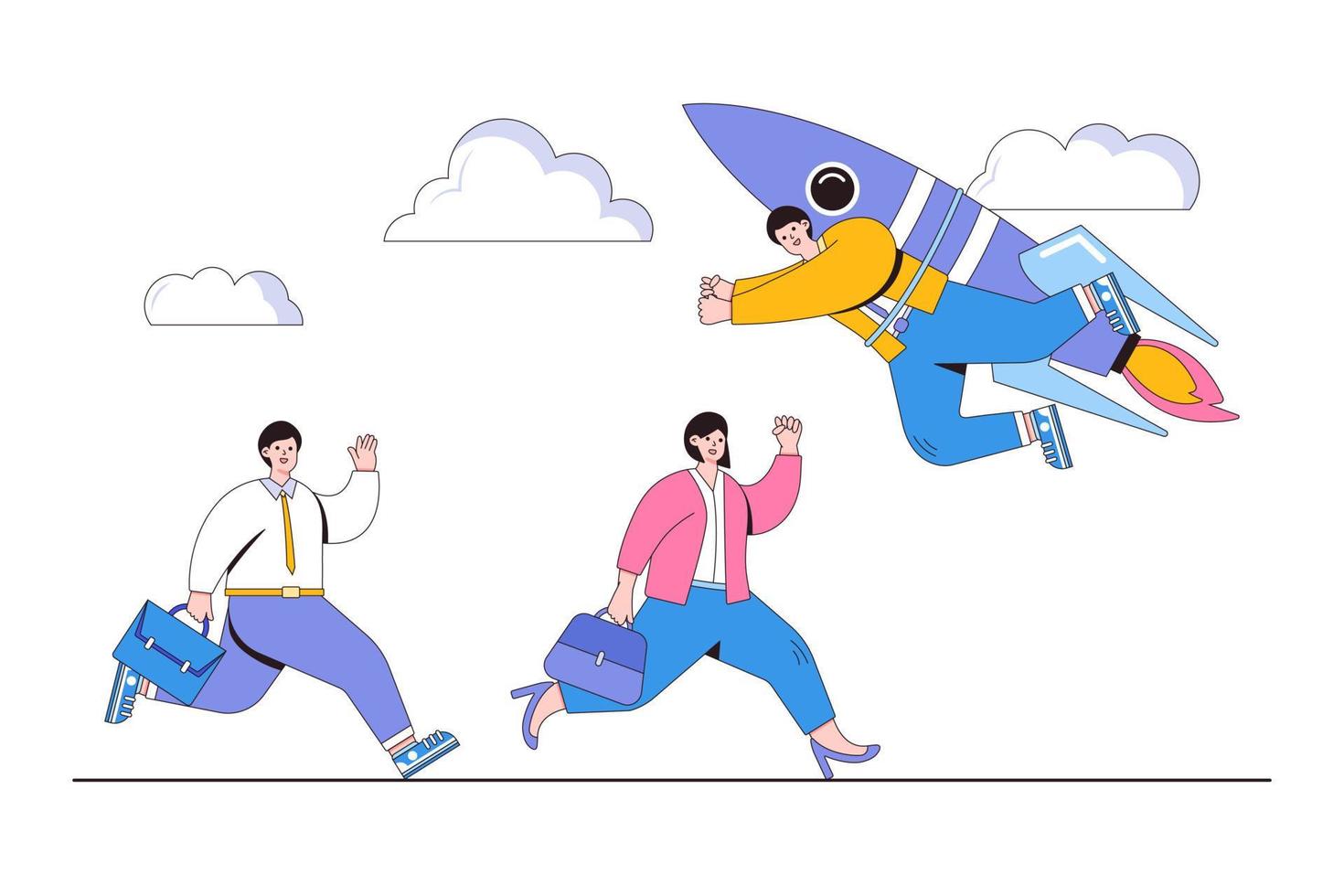 Taking initiative, discover new opportunity, creative method to succeed and win a competition, leadership skill concepts. Businessman flying with rocket jetpack in different way of other competitors vector