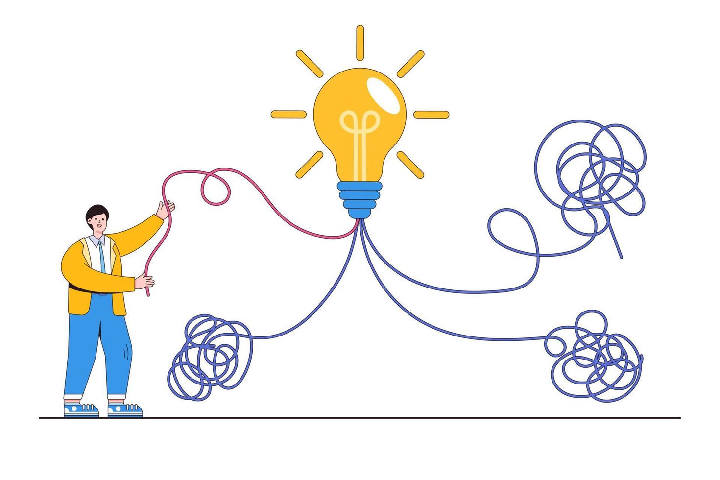 Simplify idea to find solution, thought process or creativity to solve issue, discover easy way to understand concepts. Smart businessman solving from mess chaos line to simple lightbulb idea vector