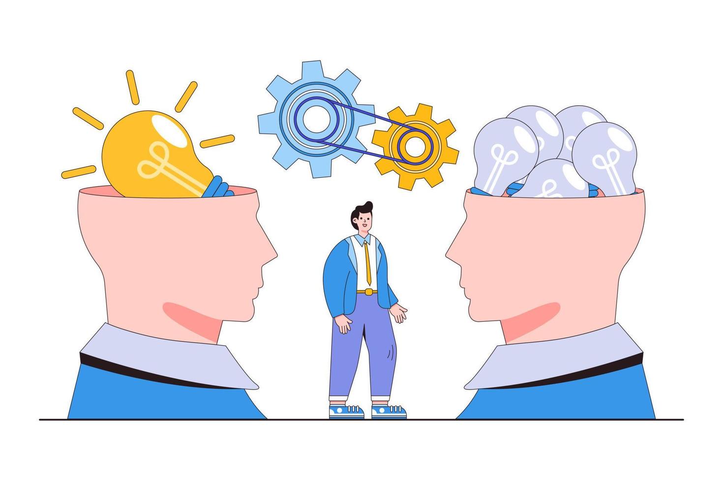 Quality vs quantity, fantastic work outcome assurance, working attitude to produce superior result concept. Businessman mindset with precious lightbulb versus other ordinary lightbulb inside his head vector