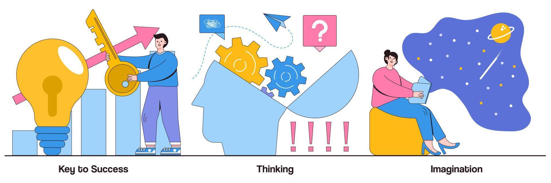 clave para el concepto de éxito, pensamiento e imaginación con carácter de personas. conjunto de ilustraciones vectoriales de crecimiento personal y profesional. lluvia de ideas, idea y fantasía, motivación e inspiración metáfora vector