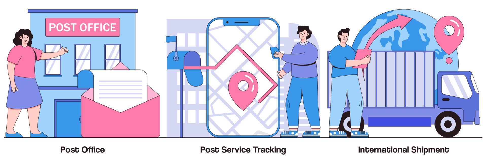 paquete ilustrado de oficina de correos, seguimiento posterior al servicio y envío internacional vector