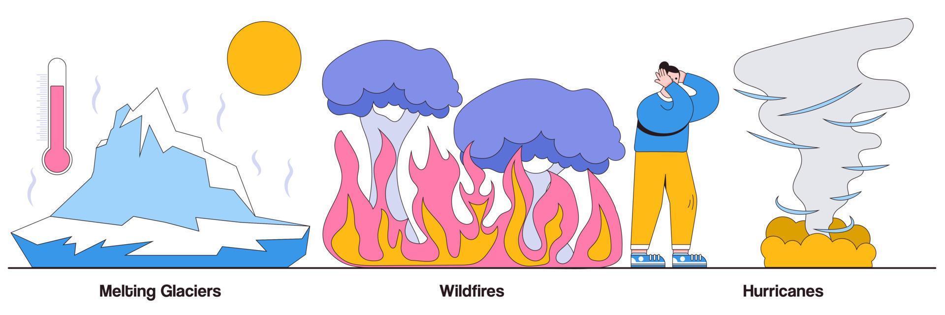 paquete de ilustraciones de personajes de personas, glaciares que se derriten, incendios forestales, huracanes vector