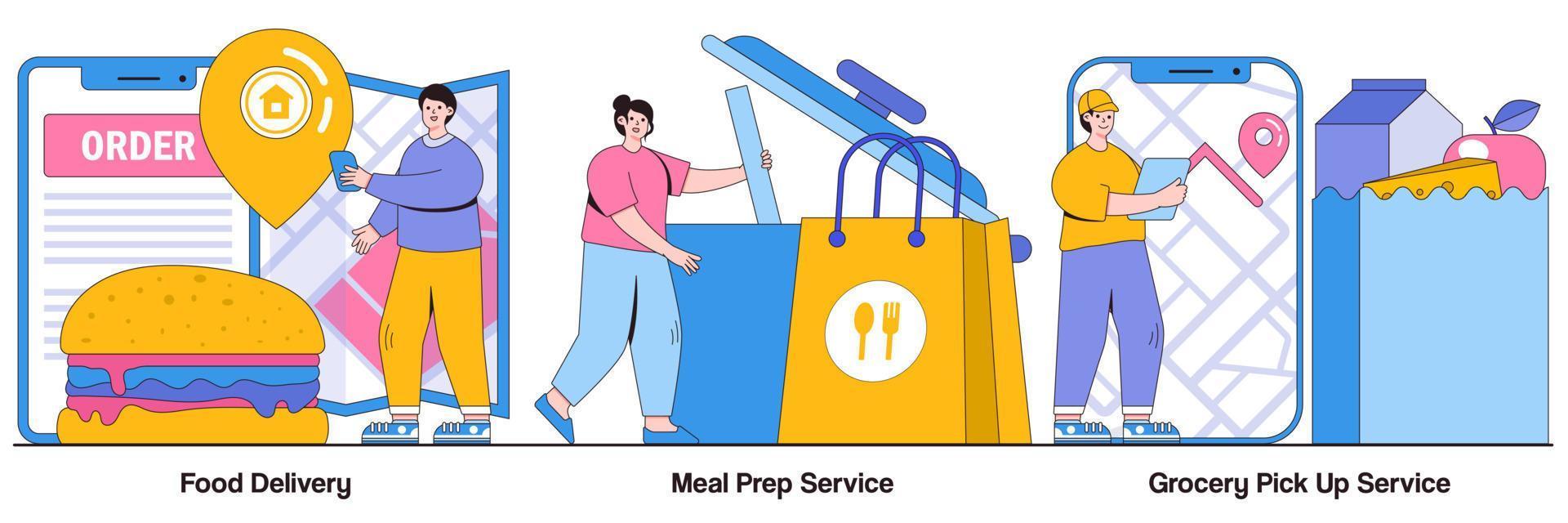 Food Delivery, Meal Prep Service, Grocery Pick Up Service with People Characters Illustrations Pack vector