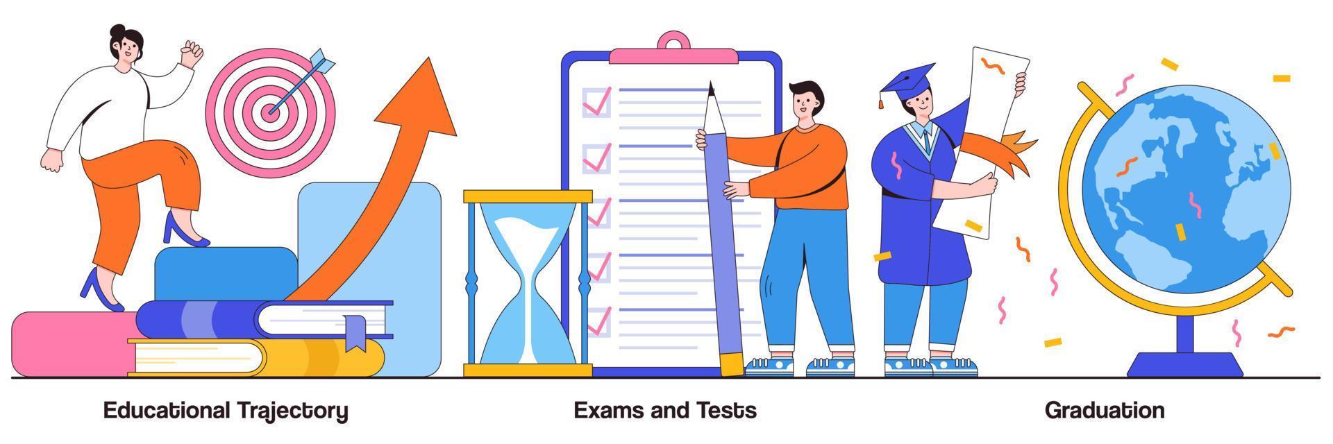 trayectoria educativa, exámenes y pruebas, concepto de graduación con gente diminuta. conjunto de ilustraciones vectoriales abstractas de crecimiento personal. verificación de conocimientos, metáfora del certificado académico vector