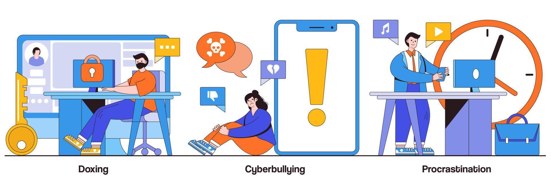 Doxing, cyberbullying, procrastination concept with tiny people. Online privacy violation, internet harassment problem, task delay and laziness abstract vector illustration set