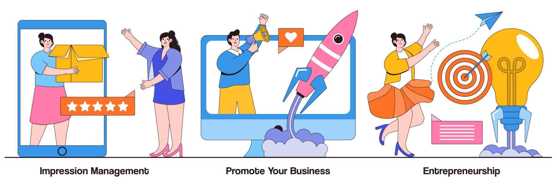 Impression management, promote your business, entrepreneurship concept with tiny people. Business success vector illustration set. Personal brand strategy, social interaction and influence metaphor