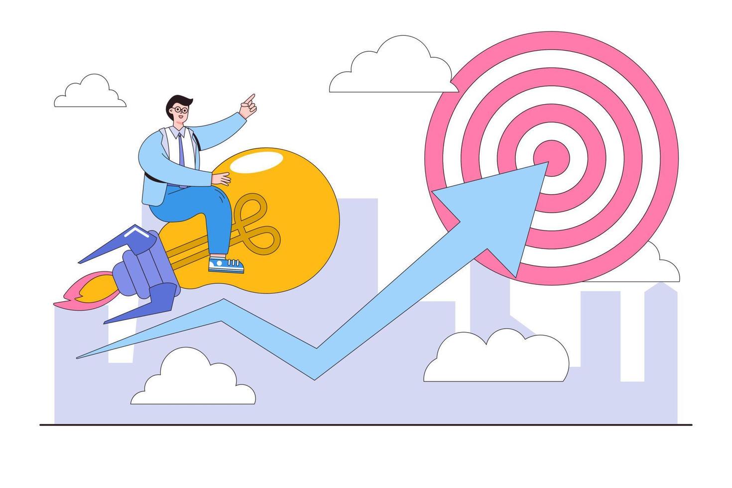 Inspiration to be success, imagination and creativity to build hope and bright future, positive thinking to find opportunity concepts. Successful businessman stands on flying rocket light bulb vector