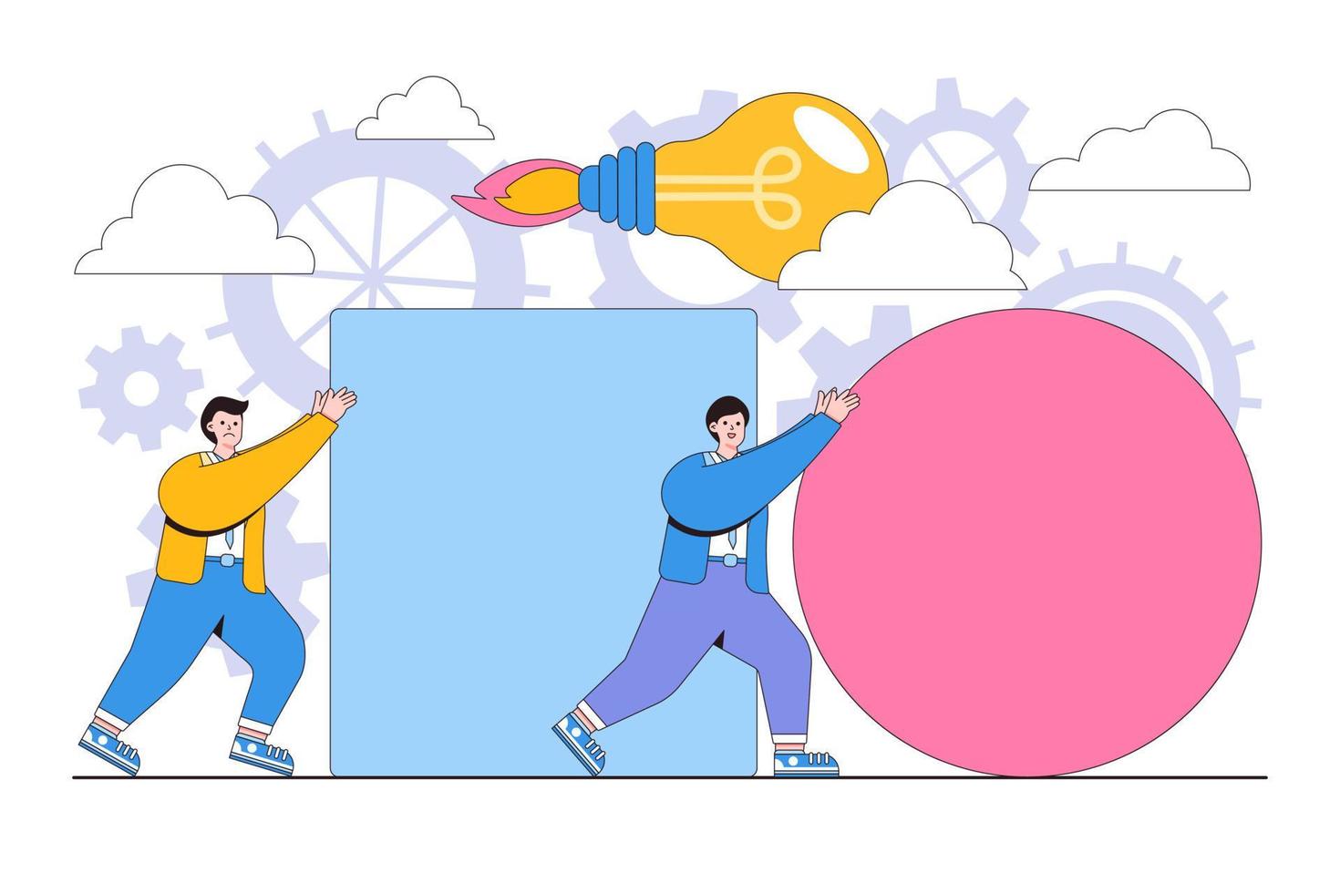 Competitive advantage or innovation to outsmart and overtake competitors, strategy or smart way to win business concepts. Businessman pushing sphere leading the race against slower pushing boxes vector