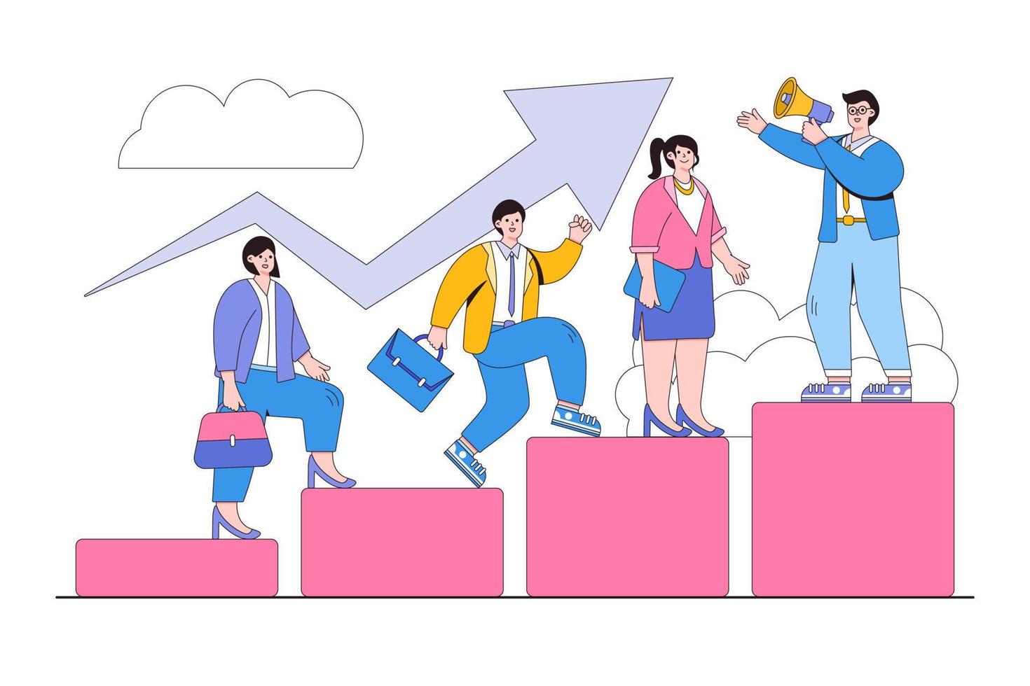 Business leadership and visionary to lead corporate success, career direction, or job achievement concepts. Leader businessman leading team with megaphone and climbing up on bars of graph chart vector