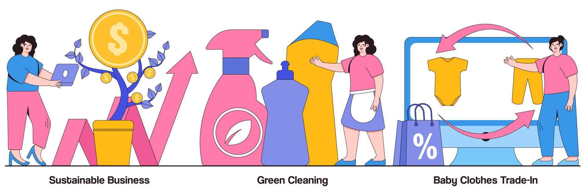 Sustainable business, green cleaning, baby clothes trade-in concept with people character. Environmentally friendly business vector illustration set. Second hand, eco service, save ecosystem metaphor