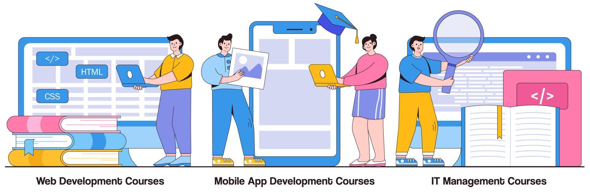 Web development courses, mobile app development and IT management classes concept with people character. Information technology career vector illustration set. Junior frontend, online coding metaphor