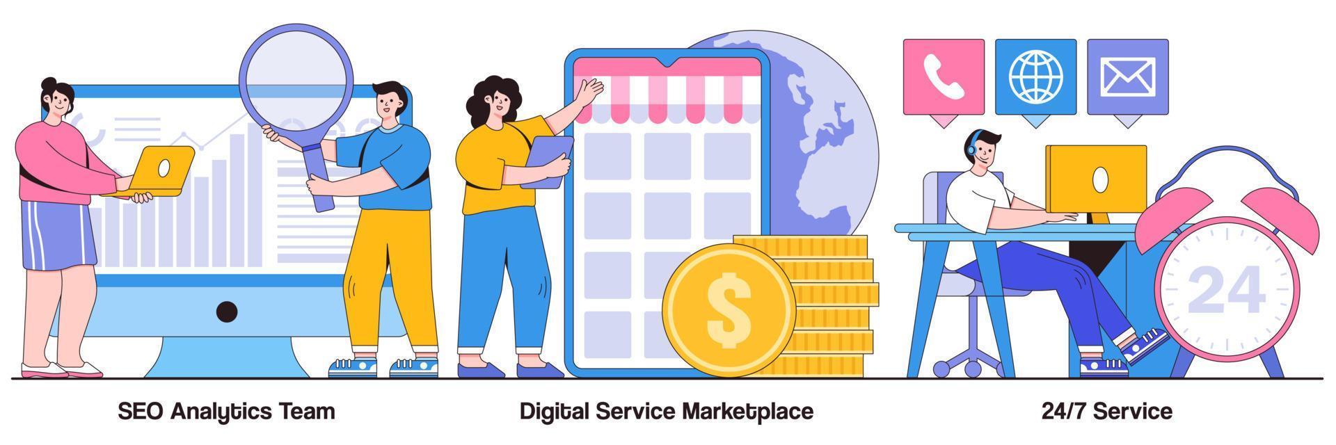 SEO Analytics Team, Digital Marketplace, and 24 Hours 7 Days Service Illustrated Pack vector