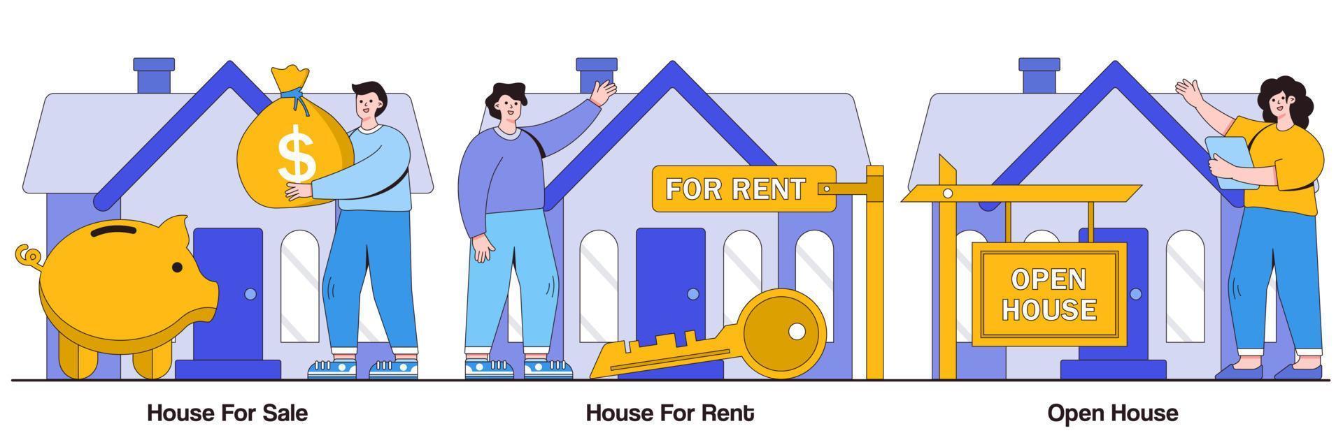 House for Sale, Rent and Open House Illustrated Pack vector