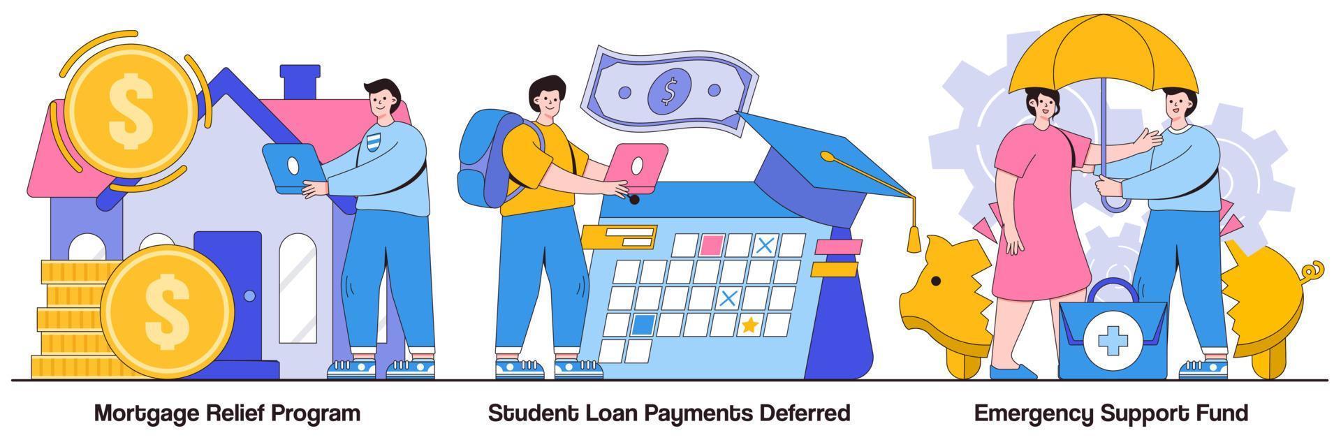 Mortgage Relief Program, Student Loan Deferred Payment, and Emergency Response Support Fund Illustrated Pack vector